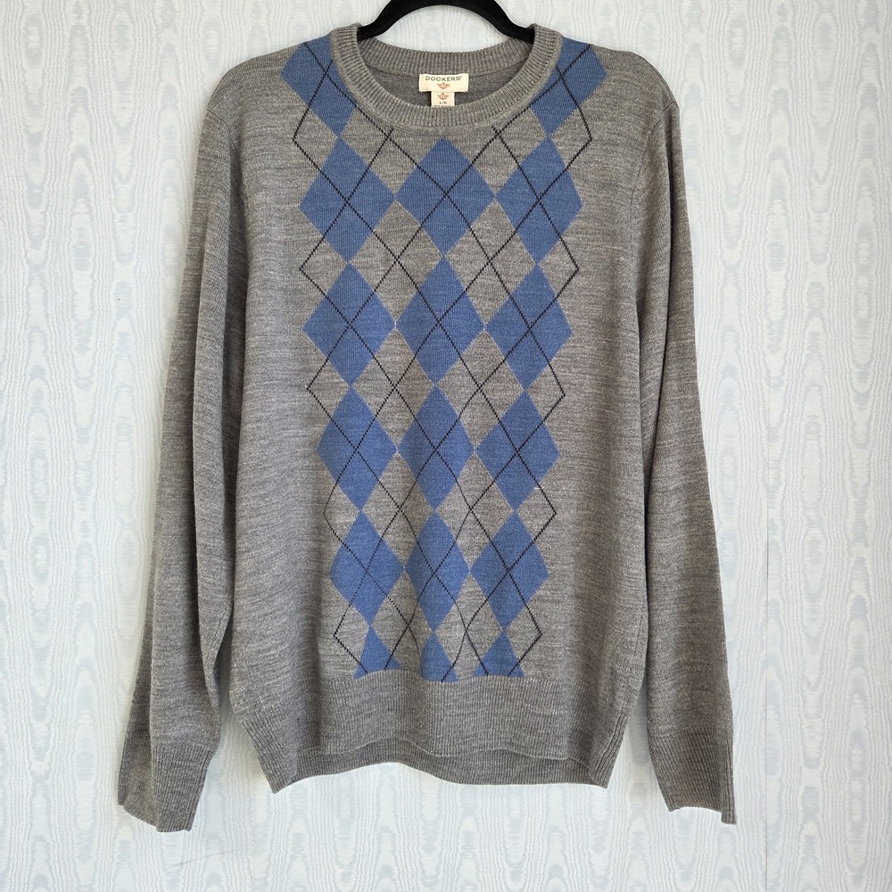 Dockers Sweater Mens L Gray Blue Argyle Crew Neck Pullover Preppy Academia